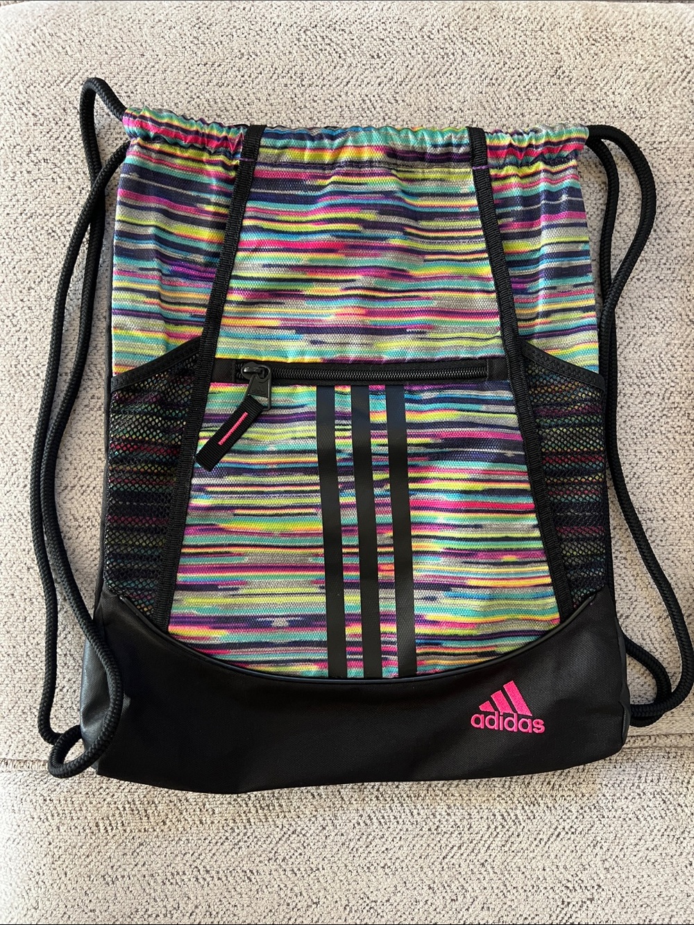 adidas Multicolor Striped Drawstring Backpack with Pink Logo